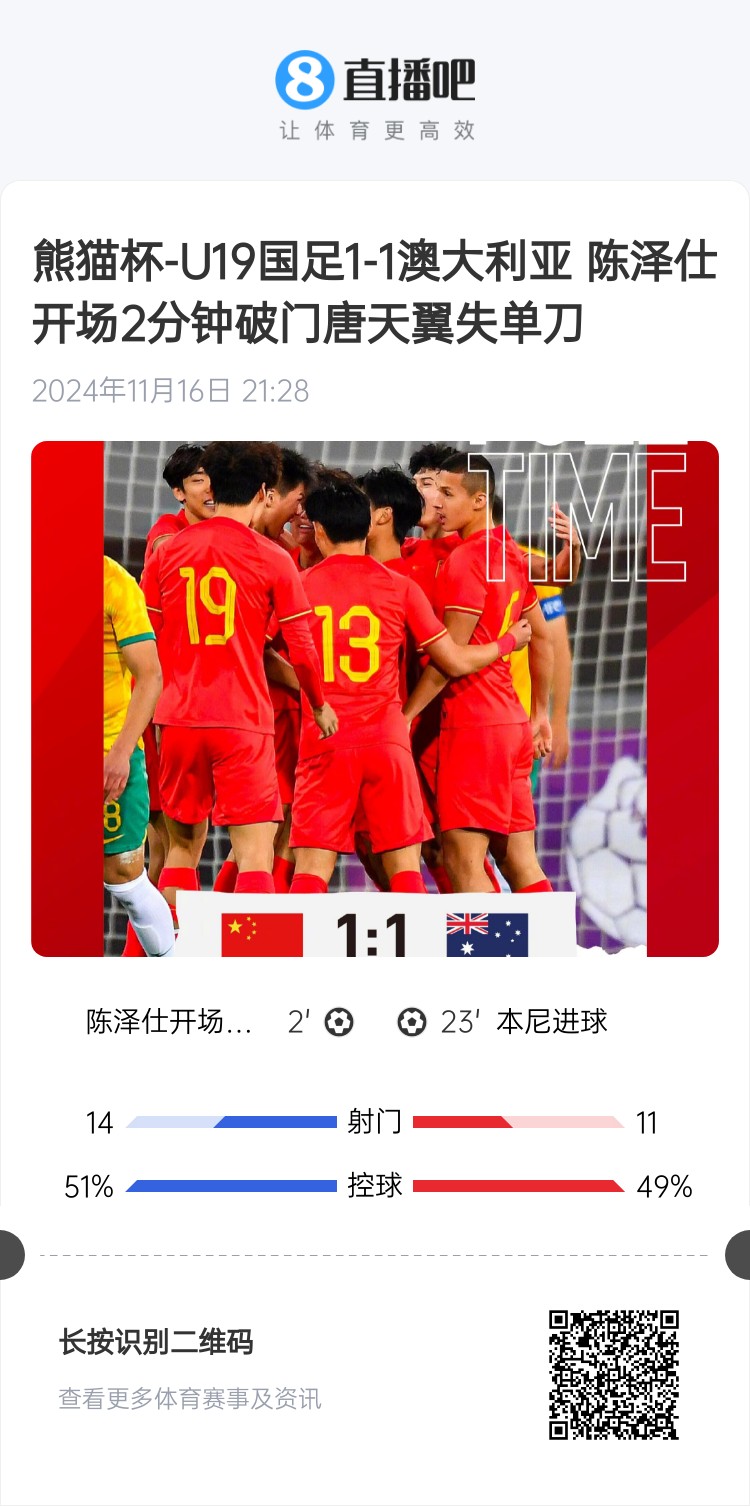  二番戰(zhàn)！U20國青與澳大利亞去年熊貓杯剛有過交手，雙方1-1戰(zhàn)平