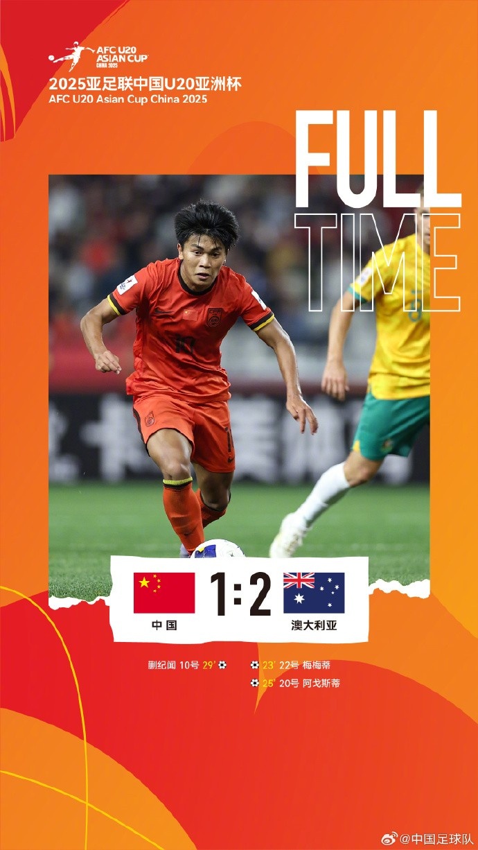  U20亞洲杯小組賽A組第三輪，中國(guó)隊(duì)1比2負(fù)于澳大利亞隊(duì)