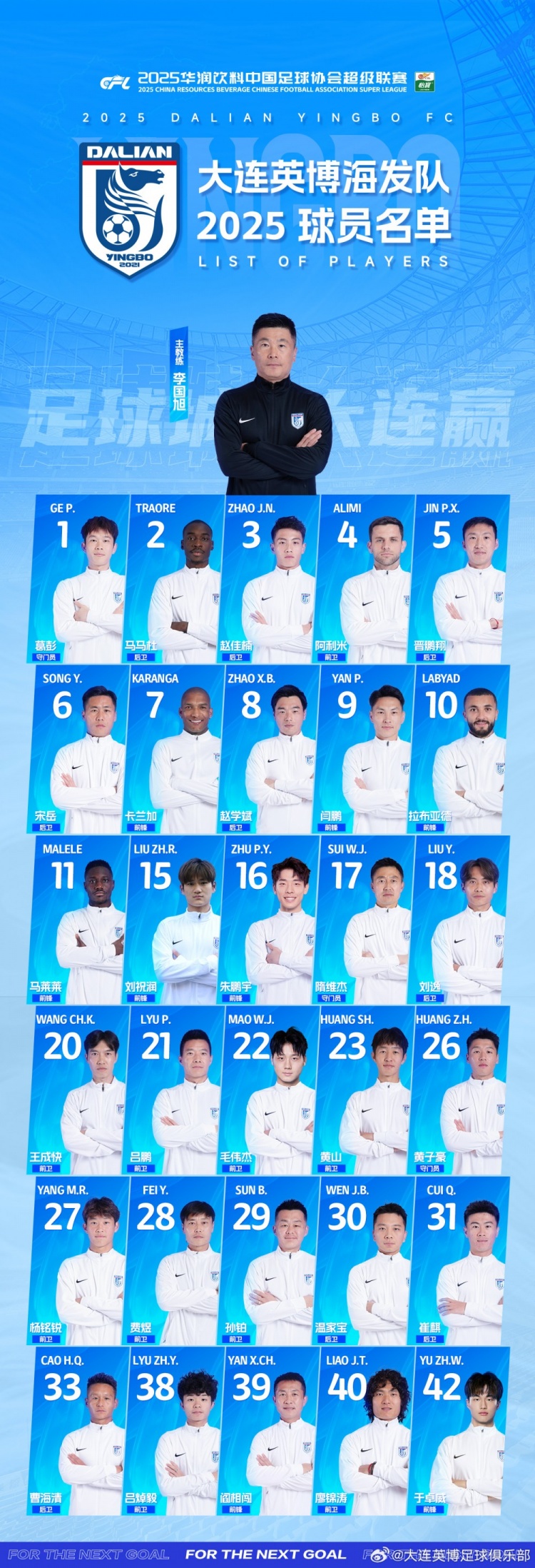  大連英博一線隊(duì)名單：10號拉布亞德領(lǐng)銜五外援，共30名球員入選