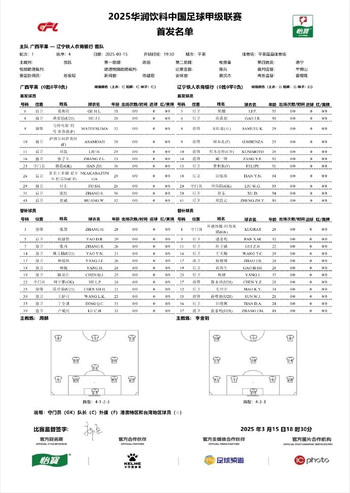  中甲-廣西平果vs遼寧鐵人首發(fā)：三外援對決三外援，安以恩出戰(zhàn)
