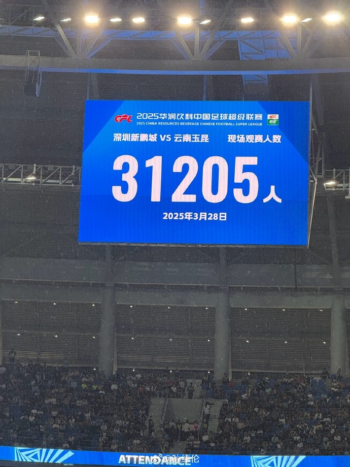  新鵬城新賽季首個(gè)主場(chǎng)現(xiàn)場(chǎng)觀眾31205人，為隊(duì)史最高上座人數(shù)