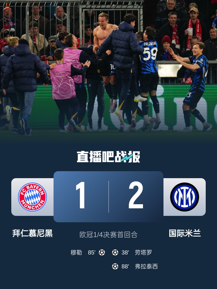  2-1占得先機(jī)！國米送給拜仁4年來歐冠主場首敗